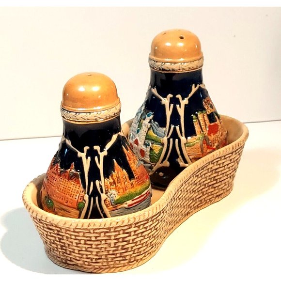 Deutschland Salt Pepper cruet set Shakers with tray Porcelain Germany Castles - Picture 2 of 10